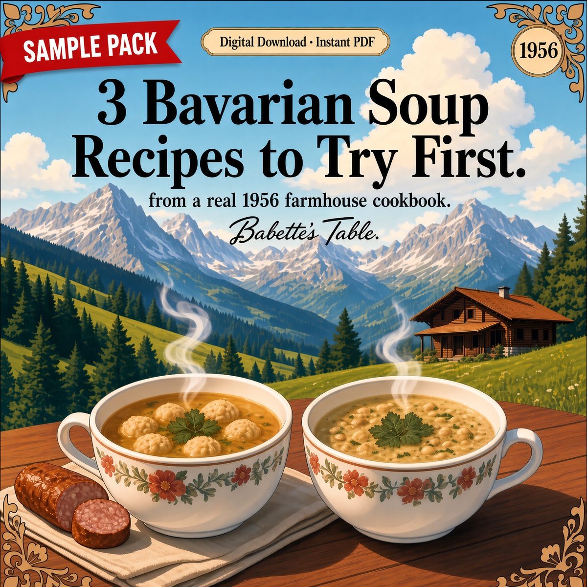 Cover for Babette's Table Sample Pack — three 1956 Bavarian soup recipes, $0.99 digital PDF download
