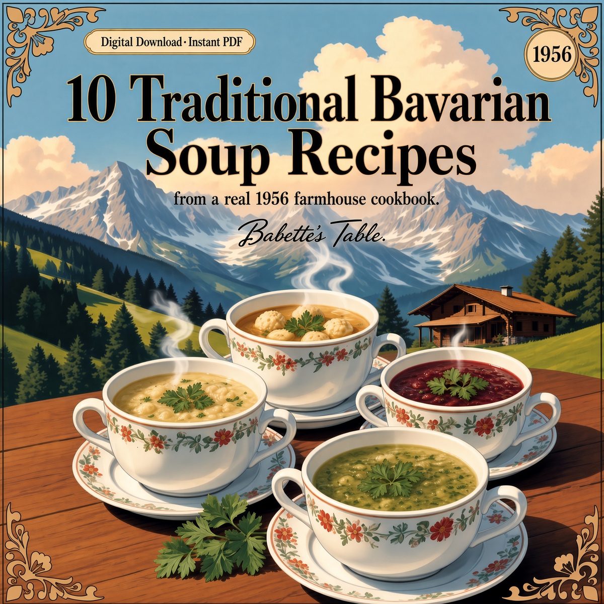 Cover for Babette's Table Soups Vol. 1 — 10 Traditional Bavarian Soup Recipes from a 1956 farmhouse cookbook, digital PDF download